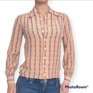 Jaeger Women Vintage Silk Plaid Long Sleeve Shirt  Size XS